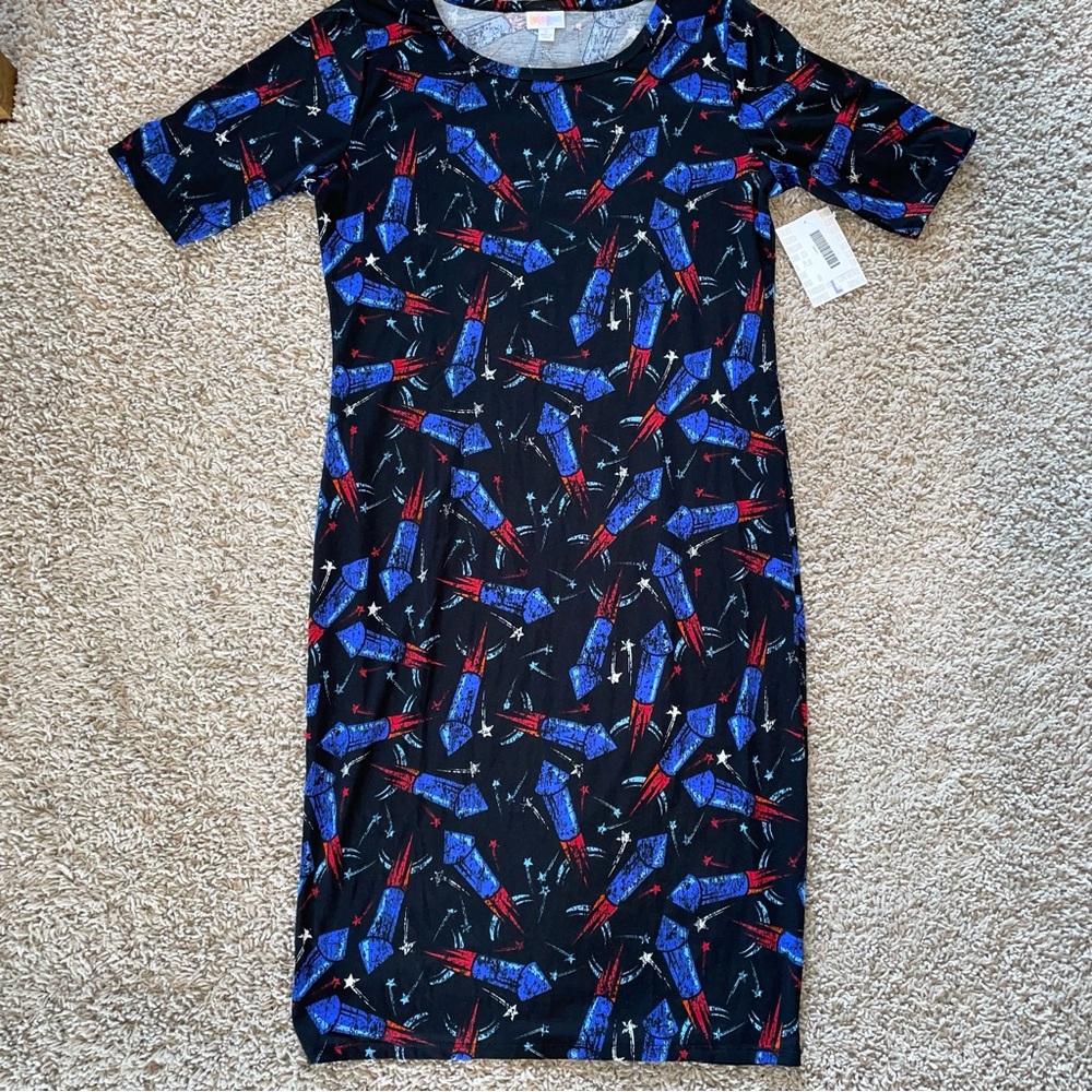 Lularoe Julia Fitted Dress Knit Bodycon Americana Collection Rockets Size Large